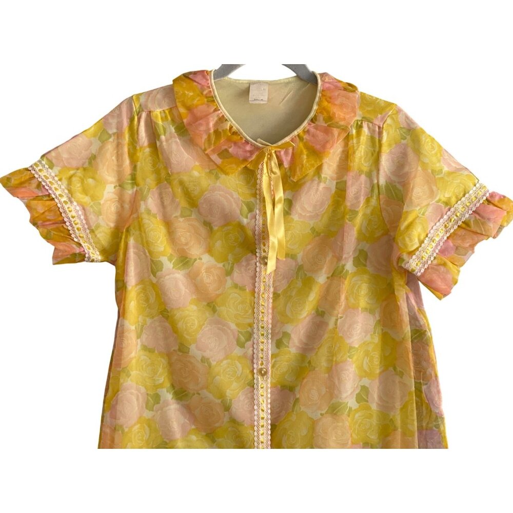 VTG Edwardian Housecoat Dress Ruffle SS Button Front Side Pocket Yellow Pink M